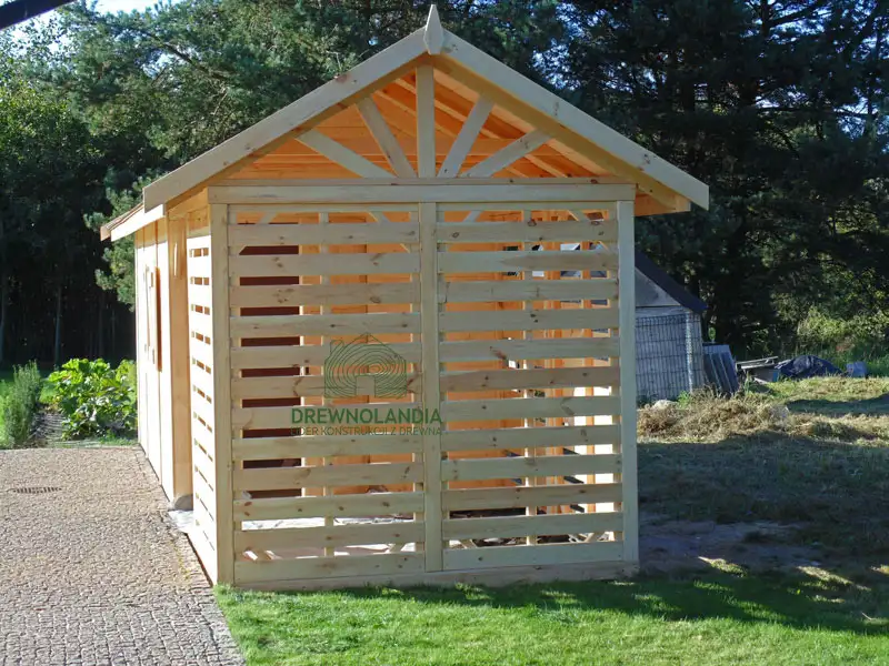 Drewniany domek na narzędzia z drewutnią Kuba 7x2m 