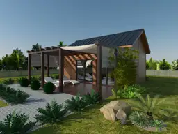 domek letniskowy z dużym tarasem na kostce brukowej wśród roślin