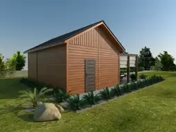 brązowy domek letniskowy z altaną stojący wewnątrz roślin