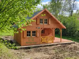 Domek drewniany Wiktor IV, z tarasem, letniskowy, przestronny, 35m2