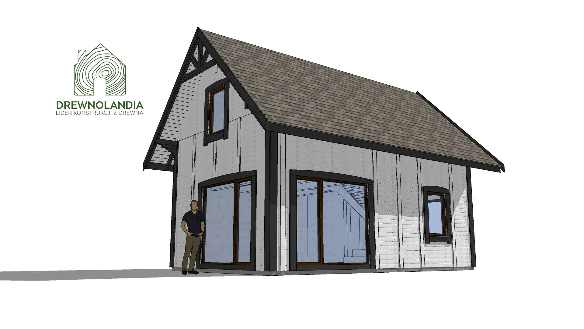 Widok frontowy domku Albert IV 8x5m – drewniana konstrukcja z tarasem