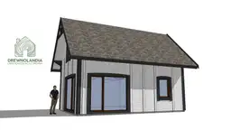 Drewniany domek Albert IV 8x5m – widok od frontu z tarasem