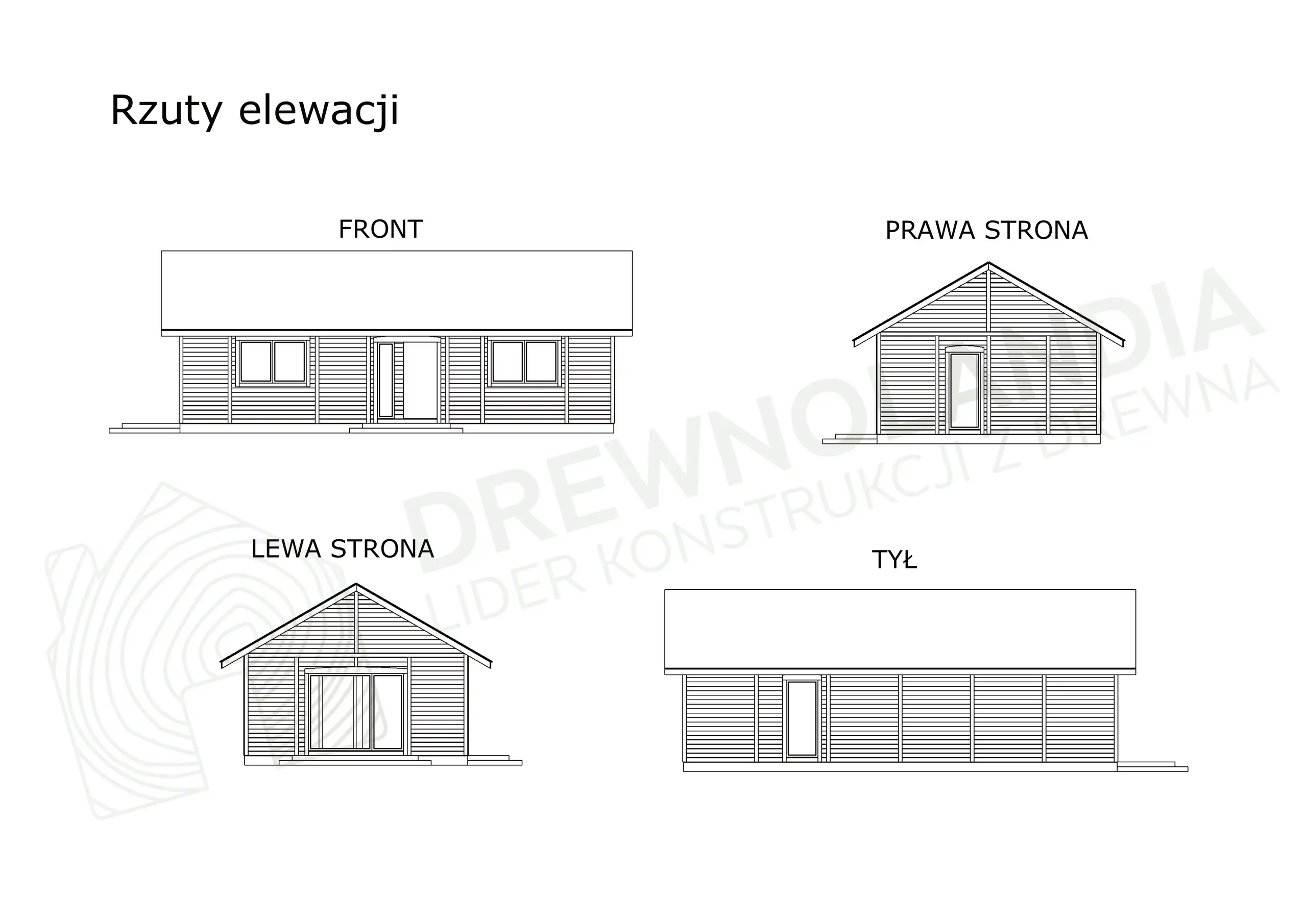 Rzuty elewacji drewnianego domku letniskowego Antoni o powierzchni 70 m²