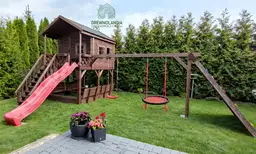 Lolek - drewniany domek ogrodowy z placem zabaw dla dzieci