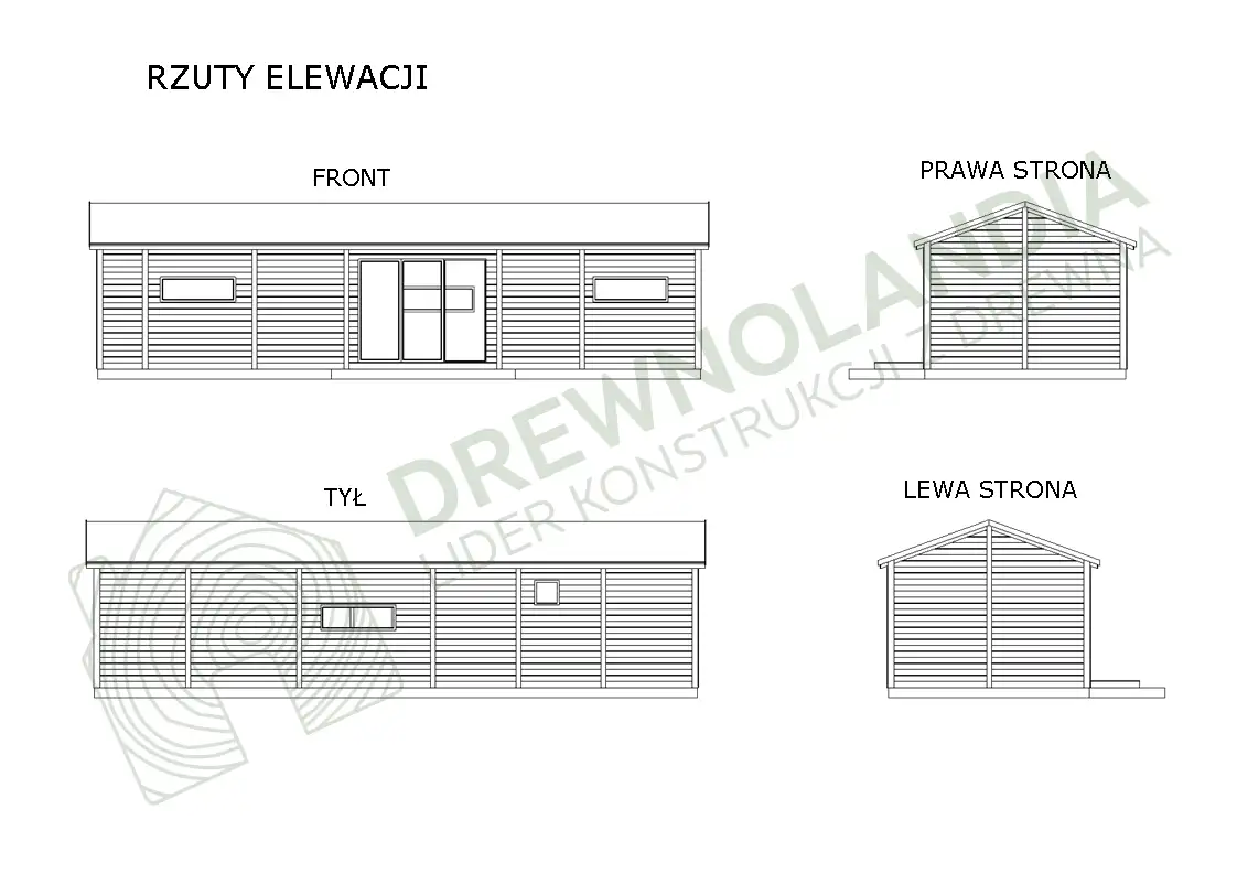 Rzuty elewacji domu CRK2 PLUS – szczegółowy projekt techniczny drewnianego domu całorocznego