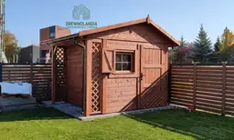 Drewniany schowek na narzędzia Bonifacy, domek o wymiarach 3x2,5 m, wykonany przez Drewnolandię