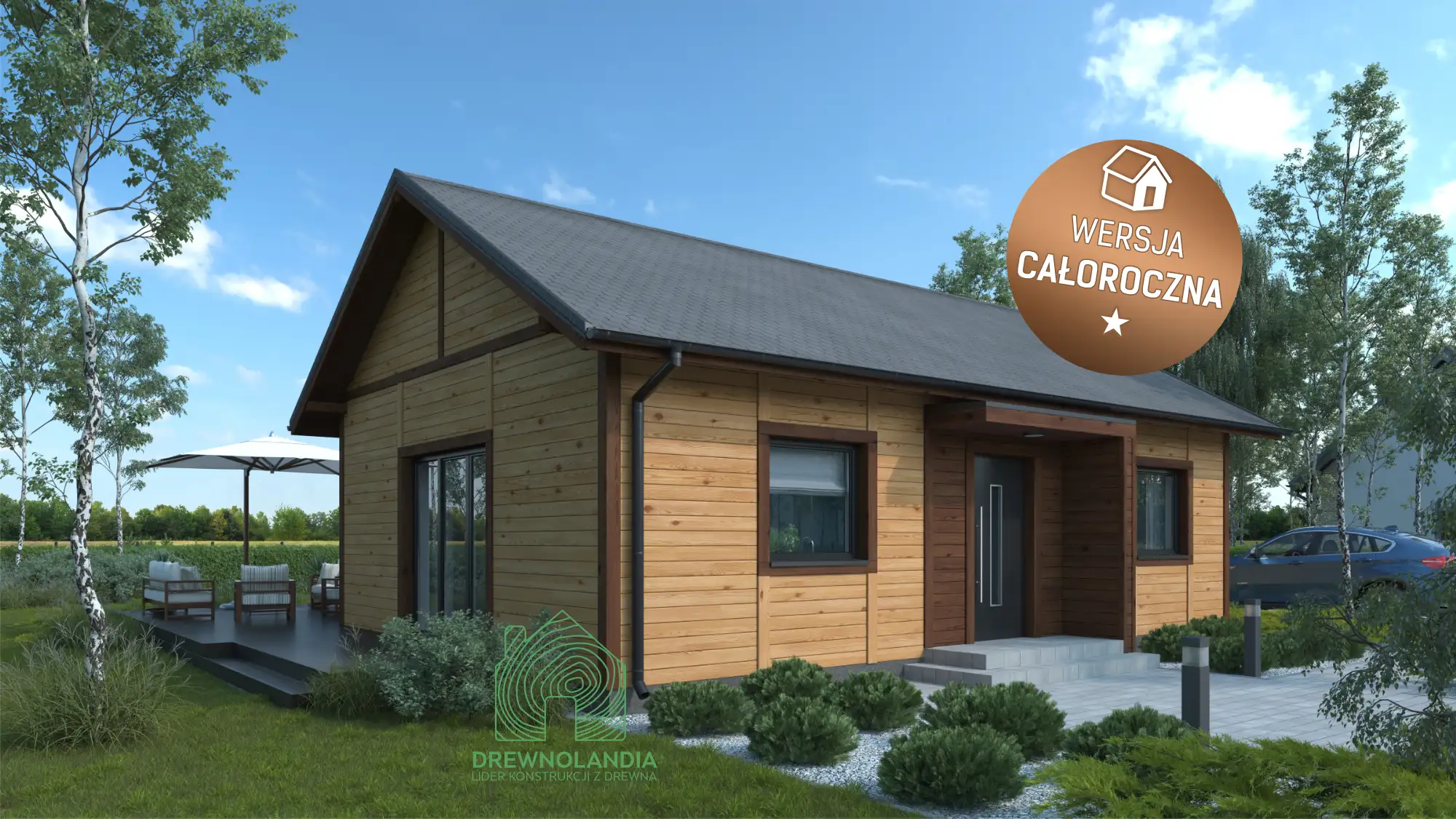 Widok na fasadę domu Drewnolandia 1 CRK – projekt idealny do rekreacji