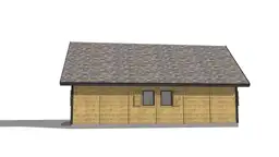 Widok frontalny domku letniskowego W2X2 – układ przestronny z tarasem